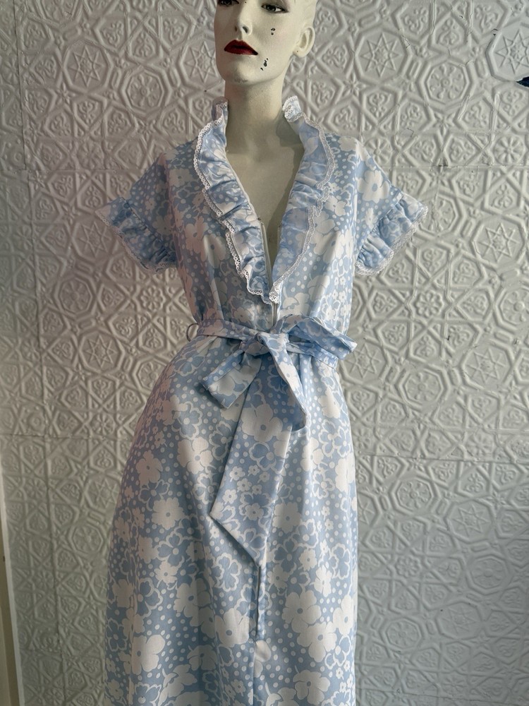 vintage dress Saks Fifth Avenue floral house dress maxi Blue cottage ruffle 70s