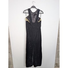 Vintage 90s Scott McClintock Black Crushed Velvet Halter Gown Guipure Lace 14