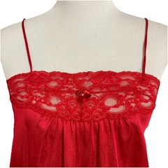 Vintage Red Nightgown Glossy Satin Sz M Long Lacey Spaghetti Straps 100% Nylon