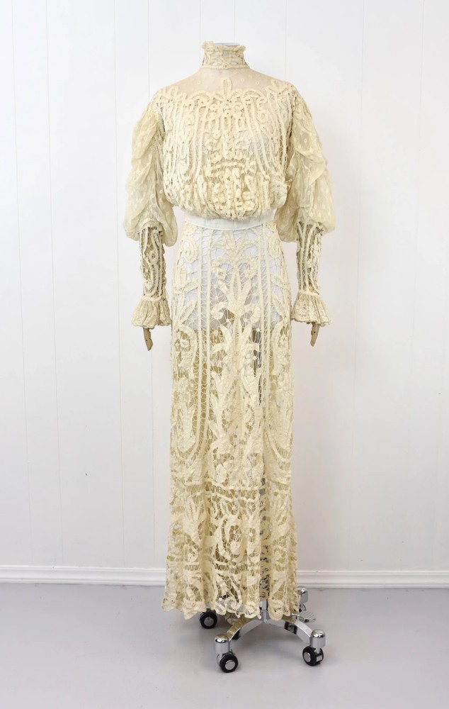 Antique 1905 Edwardian Ivory Tape Lace Summer Afternoon Tea Dress Gown