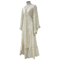 Vintage 1970s Angel Sleeve Ivory Lace Cottagecore Style Maxi Dress Cutout Label