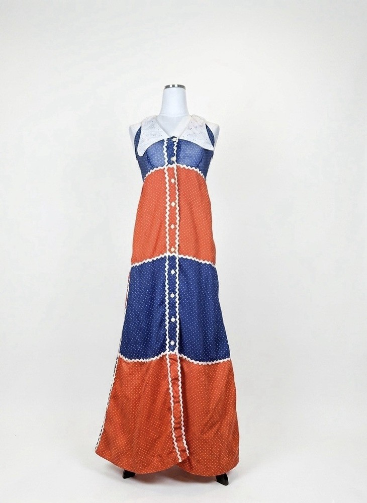 VTG 70s Patriotic Colorblock Maxi Dress Button Front Rick Rack Trim Sleeveless