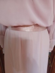 Vintage 1970s/80s Union-Made Pink Chiffon Maxi-dress w/Satin + Pearl Accents