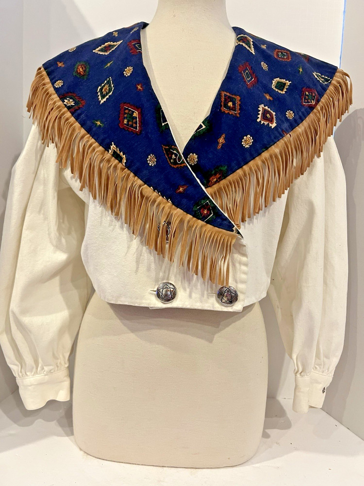 VTG Banjo Dallas Texas Crop Top Western Fringe Cowgirl Jacket Silver Star Button