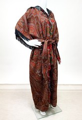 Antique Paisley Tapestry Kashmir Robe or Jacket Red Orange Fringe AS IS