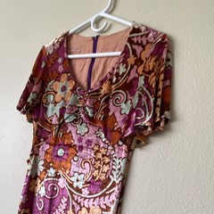 Vtg 70s MCM Boho Goddess Floral Stretch Velvet Pink Purple Maxi Dress Medium