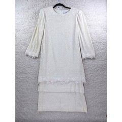 Leslie Fay Dress Women No Size Cream Good Crinkle Lace Trim Tiered Vintage