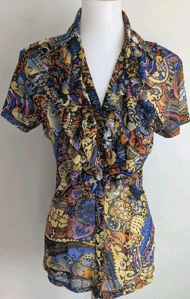 Vtg BEREK Sheer Nylon Mesh Top Blouse 90s Y2K M Ruffle Whimsigoth Dark Fairy
