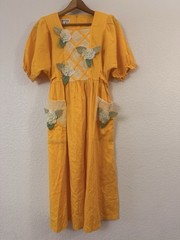 Vtg 70s 80s Korean Trousseau House Dress Hon-Su-Bang Crochet Applique Day Dress