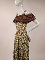 1930’S HEART + FLORAL CHECK COTTON LONG DRESS W SILK ORGANZA RUFFLE + TRIM