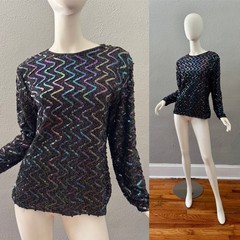 Vintage 60s Metallic Long Sleeve Sequin Top Blouse M/L