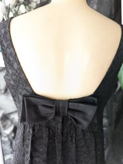 60s Vtg Black Lace Mini Dress Plunging Back Bow Train Cocktail Evening Cruise L