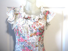 Vintage Gunne Sax Style Prairie Peasant Dress White Eyelet Lace ruffled Hem Med
