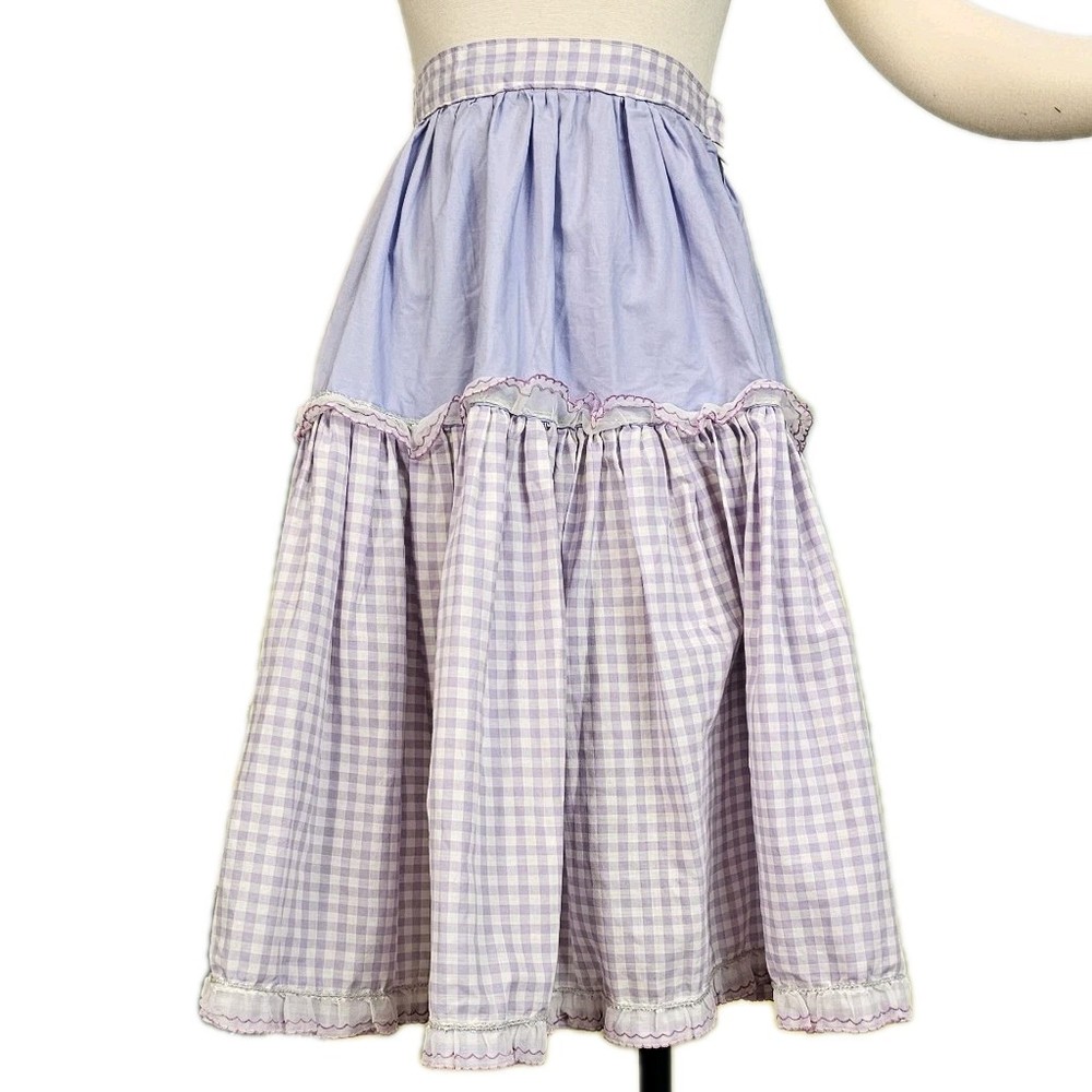 Vintage 1940s 50s Skirt Lilac Purple Gingam Scalloped Lace Ruffle Tiered Picnic