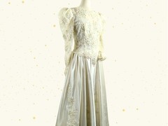 Vtge 80s Wedding Dress: Ivory Satin, Pearls, Sequins, Puff Sleeves, Basque Waist