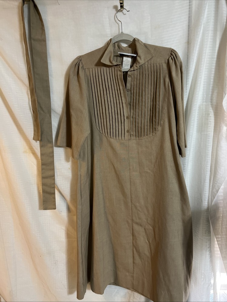 S. Howard Hirsh Tan Pintuck Midi Dress Sz 10 Prarie Casual