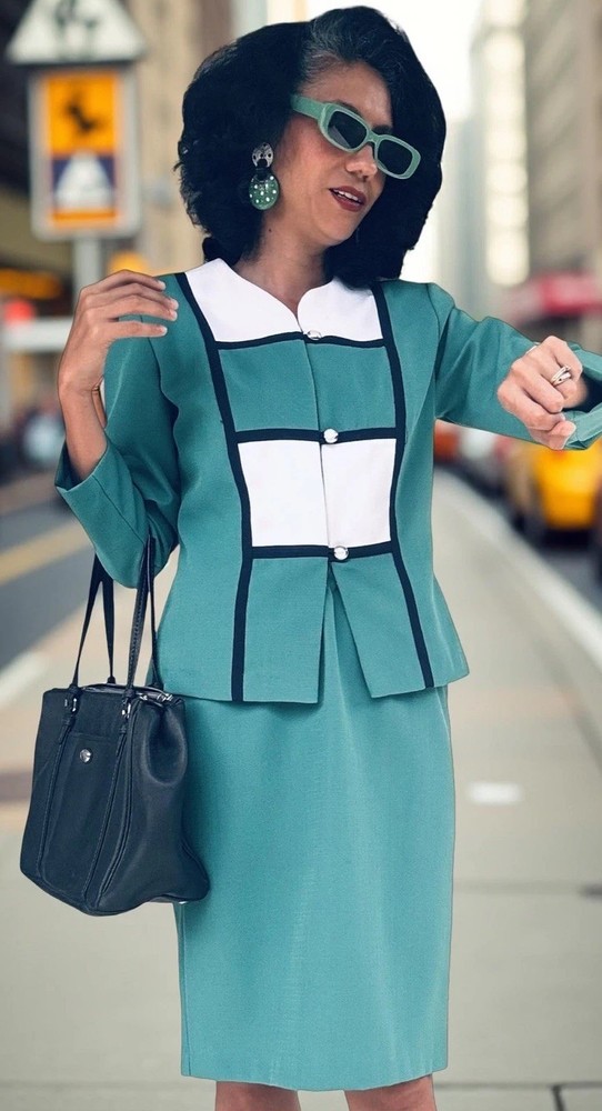 Vintage Retro 80s 90s I.S.B Womens Skirt Suit Jacket Size M Teal Green Peplum