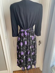 PERI PETITES VINTAGE BLACK TIE BELT DRESS WITH PURPLE FLORALS-SIZE10P-BEAUTIFUL