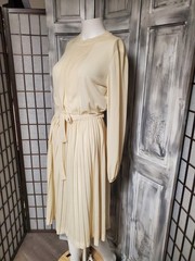 Vtg Polyester Crepe Semi Sheer Cream Ivory Chiffon M Dress Elastic Waist Ties