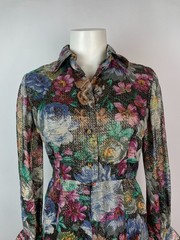Vintage 70s 80s Floral Jacquard metallic long sleeved Cocktail Dress S 34″ Bust