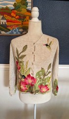 VTG Susan Bristol Sweater Hand Embroidered Hummingbird Cardigan Floral Sz Medium