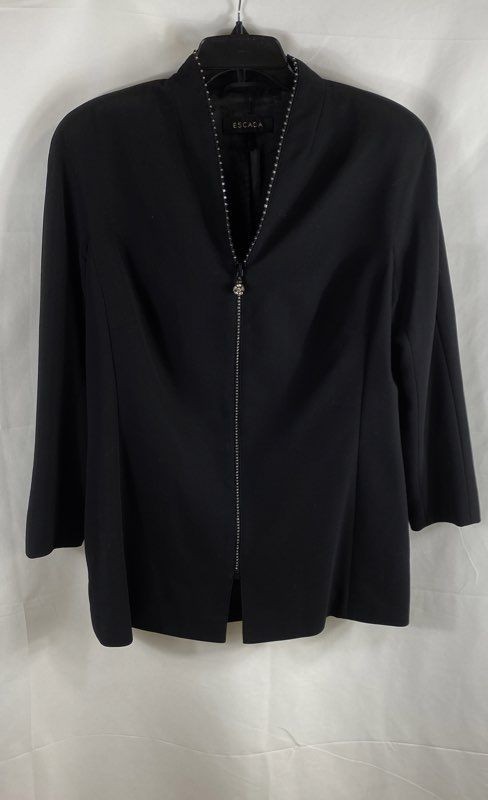 Vintage 90s Escada Women’s Black Wool Crystal Embellished Zip Blazer Sz 44