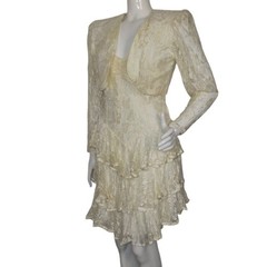 Vintage 80s NUANCE Dress/Jacket Set, XS, Lace, Yellowed, Ruffle Skirt, Bolero