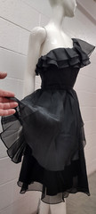 1970s Disco Cocktail Dress Off The Shoulder Black Organza Sheer Belted Early 80s