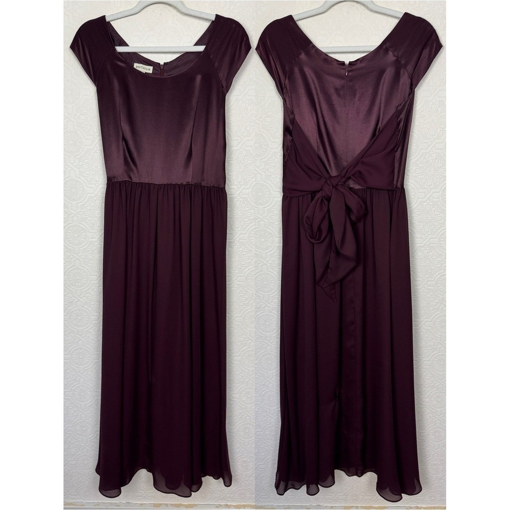 Vintage 90s Ann Taylor Plum Satin Midi Dress Size 8 Cap Sleeve Formal Occasion