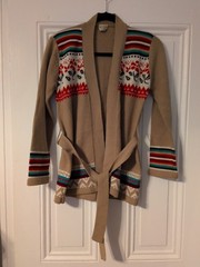 Acrylic Rayon Collar Sweater Vintage 70s Nature Aztec Print, Brown With Belt