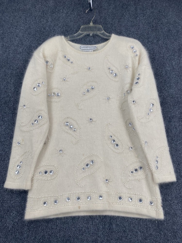*Vintage* Adrienne Vittadini Creamy Angora And Lambswool Knit And Beaded Cluster