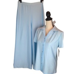 70s Loungewear Set Ship ‘n Shore Qiana Knit Nylon Powder Blue Size 10 NOS