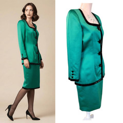 VTG 90s D’ore Della Roufogali Green Satin Beaded Skirt Suit Set 6 Event Gala MCM