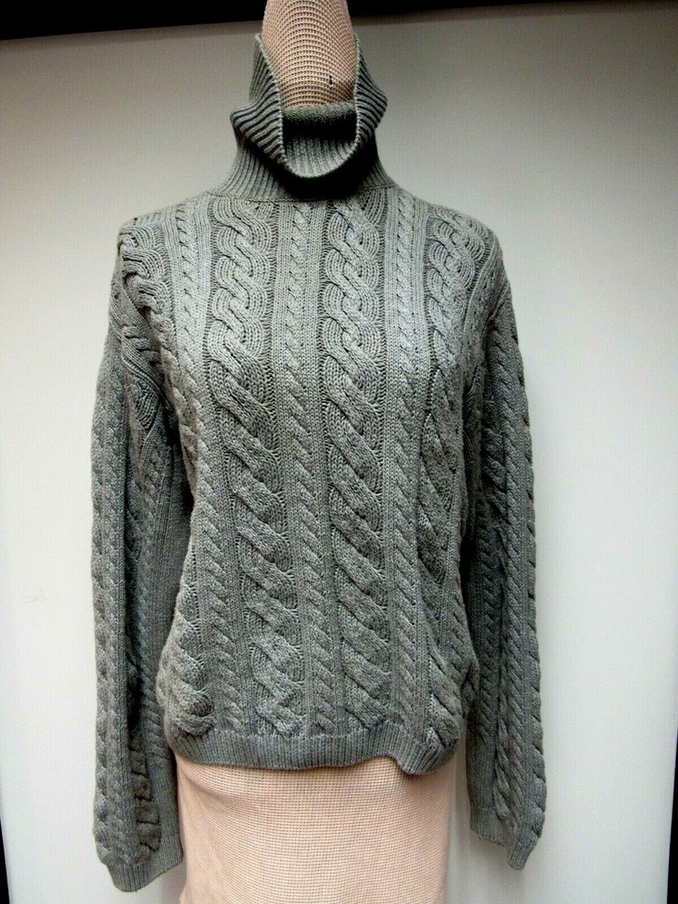 VTG WAINSCOTT Cotton Cable Knit Sweater Top Turtleneck Light Charcoal Gray L EUC