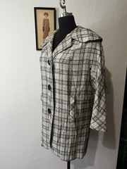 Vintage 1950’s-60’s Black, Gray and White Plaid Coat Jacket, Lavender Lining