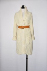 70s Cream Fisherman Cable Knit Shawl Duster Long Cardigan Sweater Coat Women M L