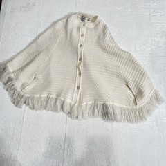 Vtg Wintuk Chris Ann White Knit Poncho Cape Shawl Button Up Fringe Trim Granny