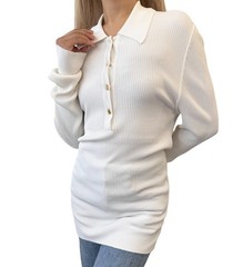 HERMES Vintage Logo Clou de Selle Button Ribbed Knit Polo Top #M White Viscose