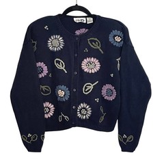 Paul Harris Design Vintage Navy Floral Embroidered Cardigan Sweater Grandma