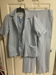 4 Pc Set VNT 70s Large 14 poly suit Skirt Vest Top Pants Blue Stretch Mod Hippy