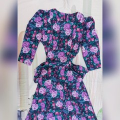 Vintage 80’s Tabby of California Purple & Green Floral Rose Peplum Dress