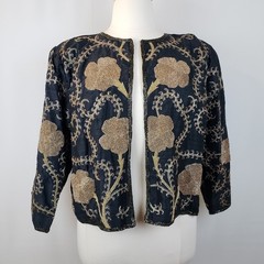 Vintage Starlight Evening Jacket XXL Black Silk Gold Beading Embroidery Handmade