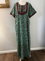 Vintage Cotton Beauty Green/Brown Embroidered Maxi Dress Kaftan XL (C1-38)
