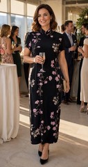 VINTAGE David Warren Cheongsam Style Black Floral Chiffon Dress Maxi Size: M