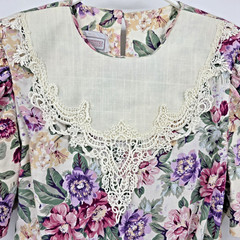 Vtg 80s Cottagecore Floral Lace Collar Midi Dress Size 6P Belted Shoulder Pads