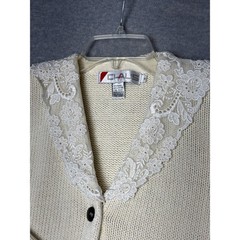 Vintage Chaus Cream Lace Collar Cardigan Sweater Womens Small Ramie Cotton Knit