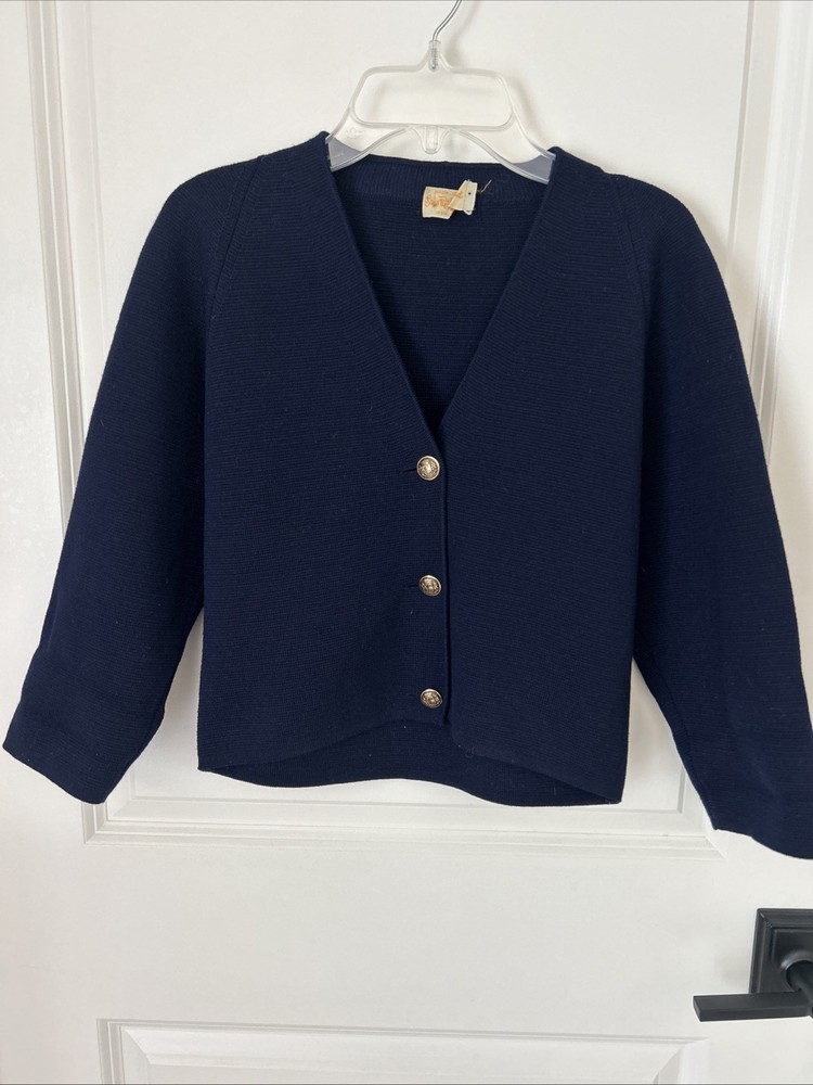 Vintage 60s Saks Fifth Avenue Navy 100% Wool Brass Button Cardigan Preppy