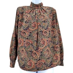 Jessica Lynn Pleated Paisley Blouse Mock Neck Long Sleeves Size 8 Vintage 1980s