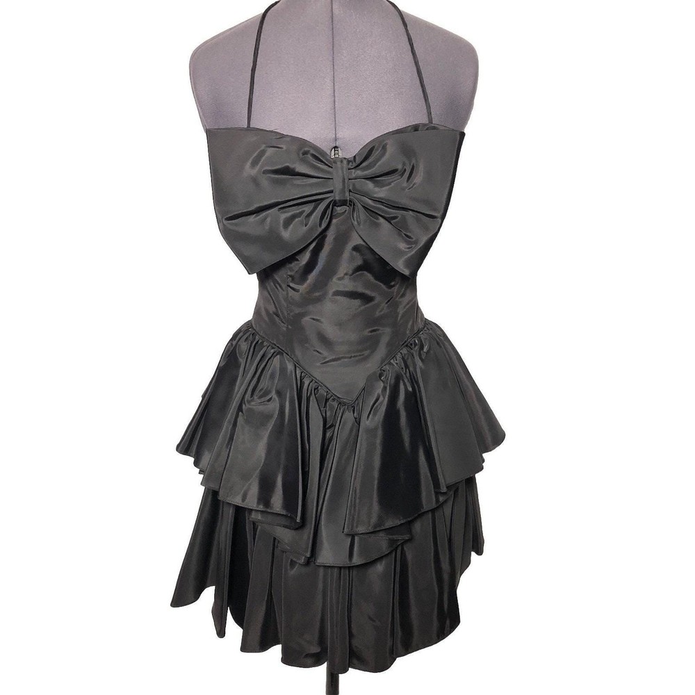 Vintage Climax Karen Okada 80s Black Bow Mini Dress 30-26-Open size 3/4
