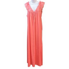 Vintage Miss Elaine Nightgown Coquette Romantic Coral Pink Lace Trim Medium
